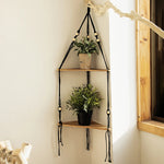 étagère suspendue macramé bois bohème plante verte pot vase fleur rose buste photo chambre