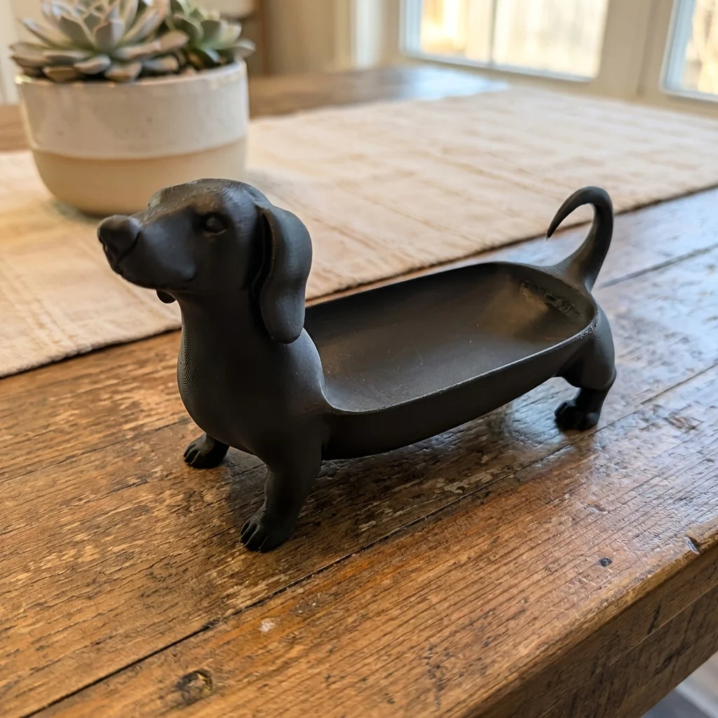 plateau rangement forme chien dachshund noir texturé métal décoratif bijoux montres clés ornement chambre