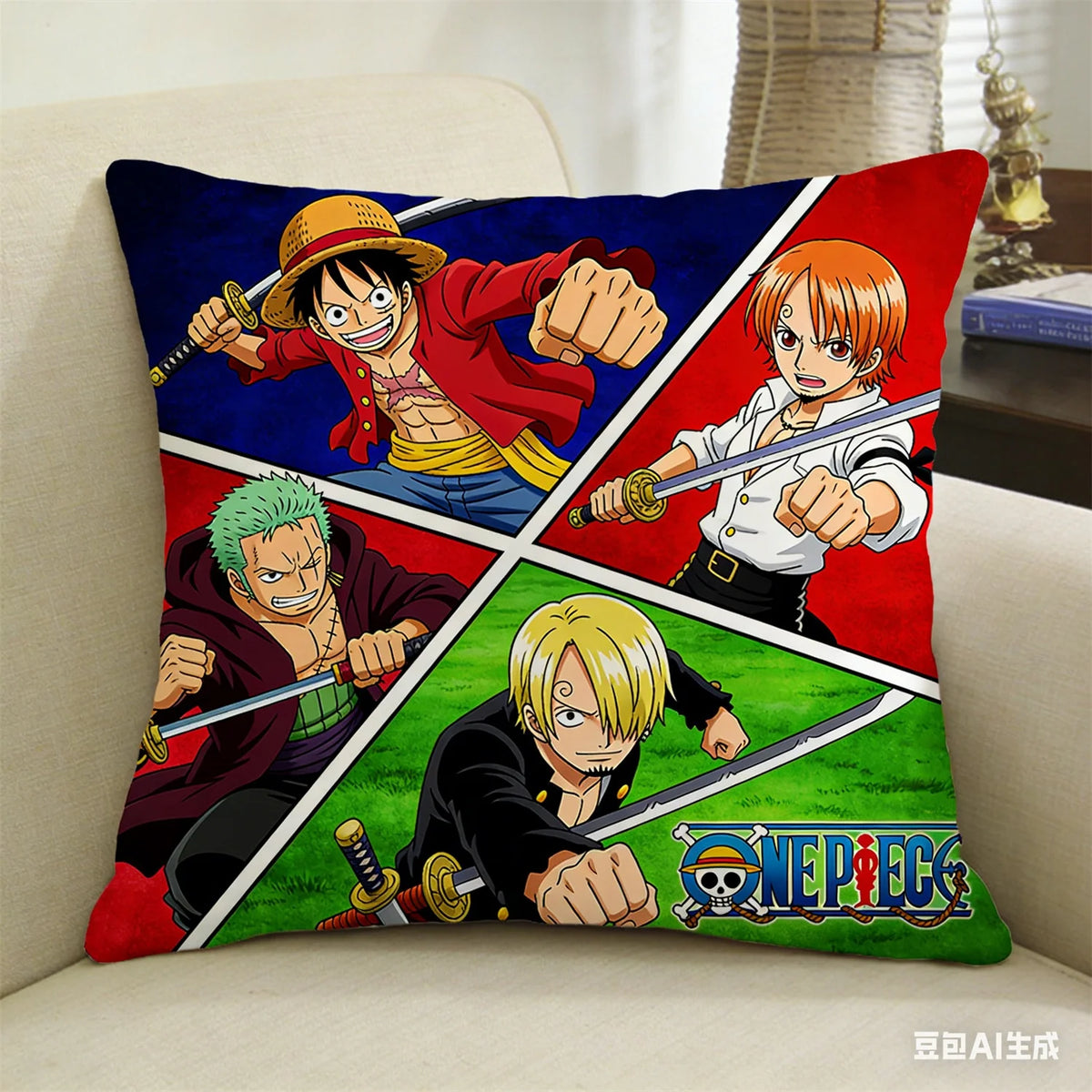 housse coussin One Piece motif Luffy rouge bleu noir polyestère cartoon salon chambre coucher