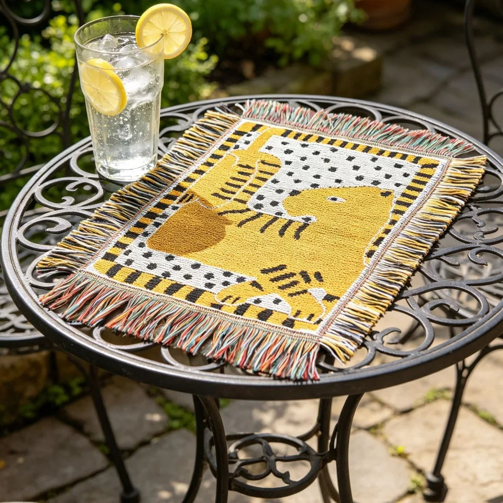 tapis table moderne fleurs stylisées franges bleu blanc noir résistant l'usure ethnique