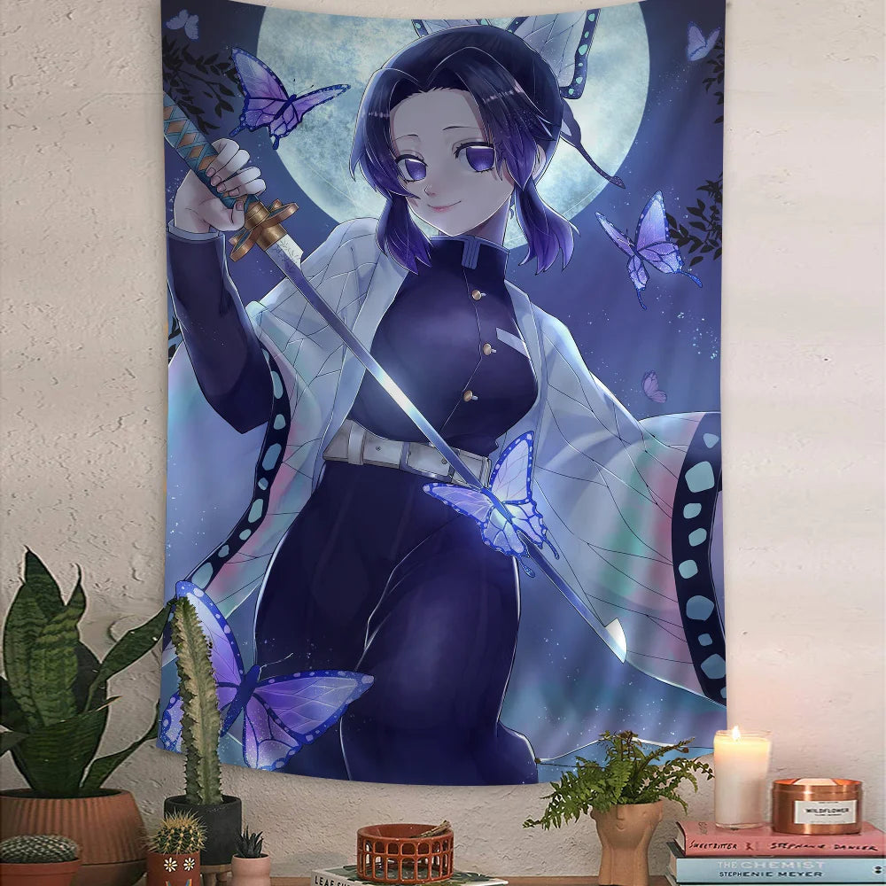 tapisserie murale anime violet papillons fleurs décoration chambre personnage dessin animé japonais tissu décoration