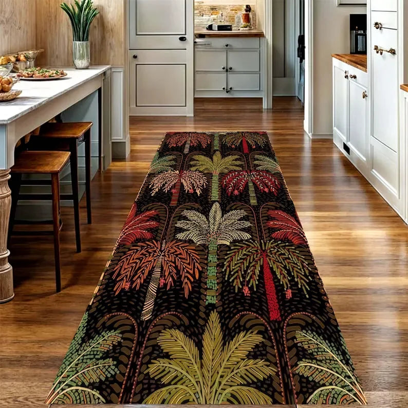 tapis runner forestier motif arbres vert foncé moderne salon entrée cuisine chambre
