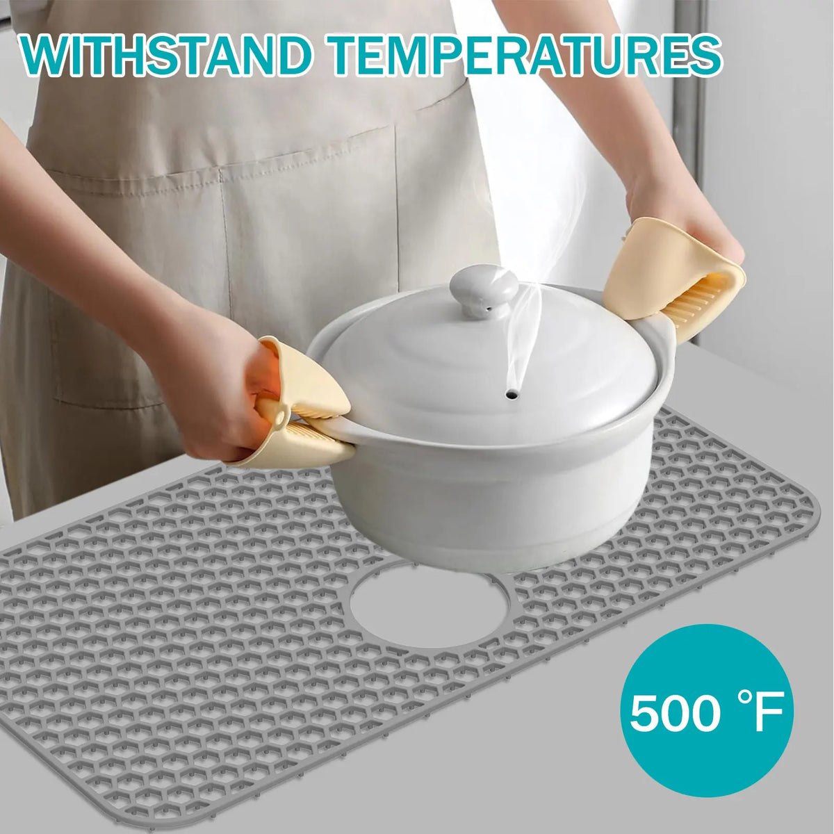 tapis protection évier silicone gris moderne antidérapant nid d'abeille hexagonal central respectueux environnement cuisine