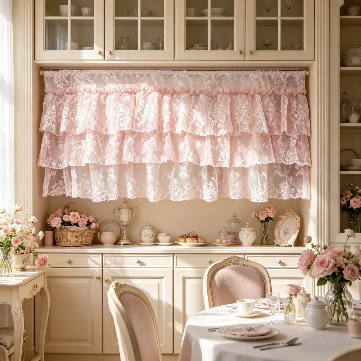 rideau rose floral dentelle volants court shabby chic cottagecore romantique translucide chambre
