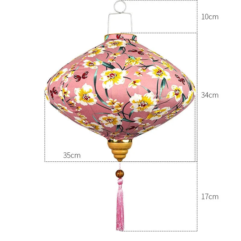 lanterne japonaise traditionnelle rouge fleurs décorative artisanale pompon bois suspendue