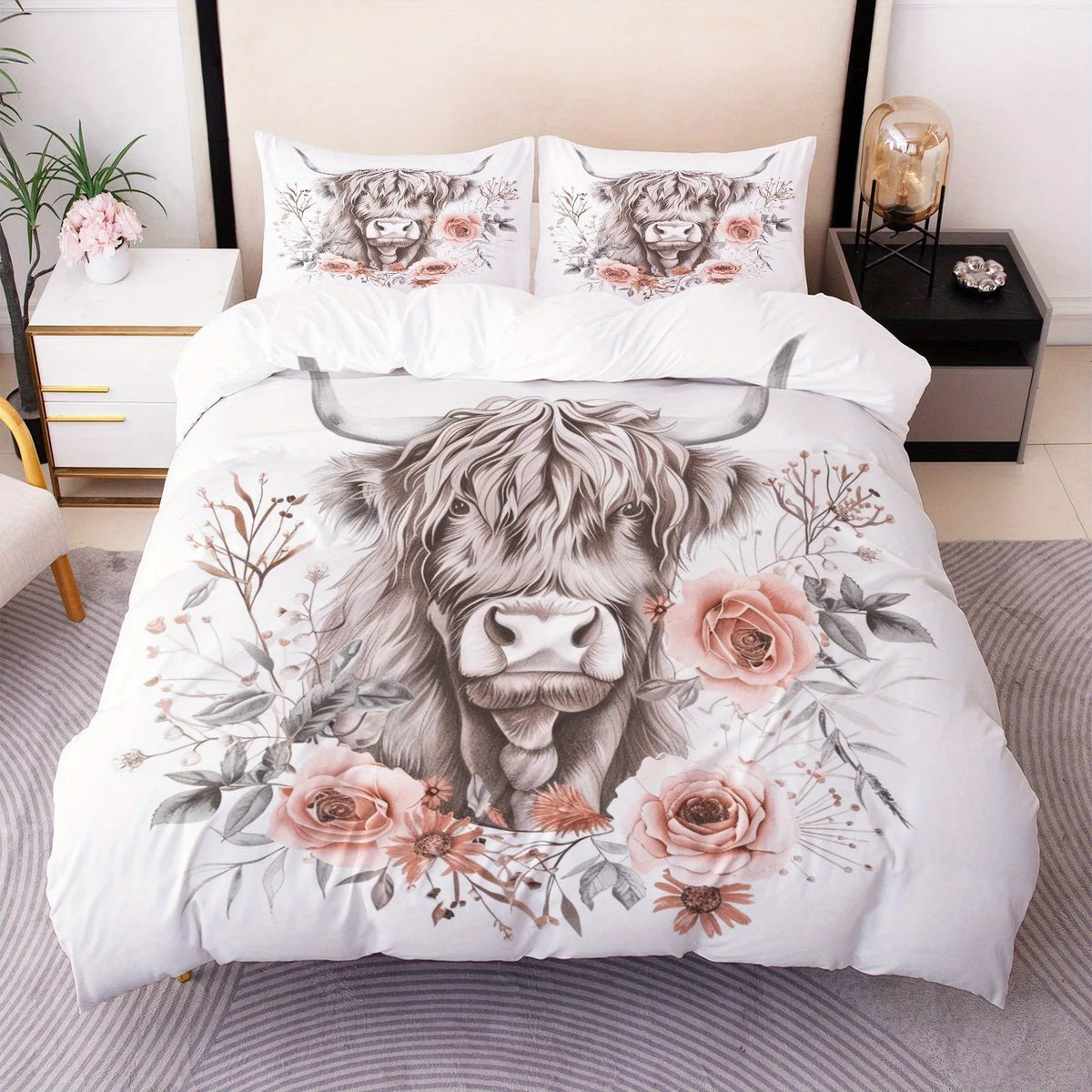 drap plat parure lit floral moderne illustration taureau fleurs roses feuilles vertes blanc gris