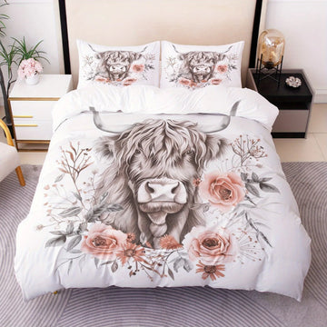 drap plat parure lit floral moderne illustration taureau fleurs roses feuilles vertes blanc gris