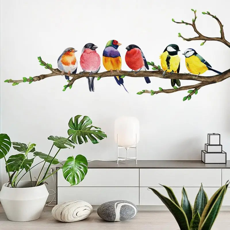 décoration murale autocollant oiseaux multicolores branche feuilles vertes intérieur chambre