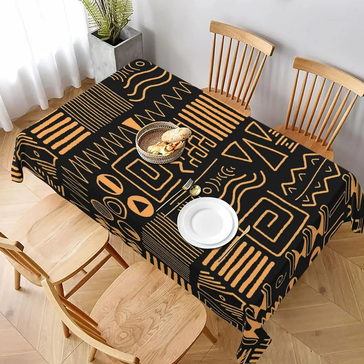 nappe rectangulaire géométrique moderne noire orange réutilisable polyester table manger festive vacances