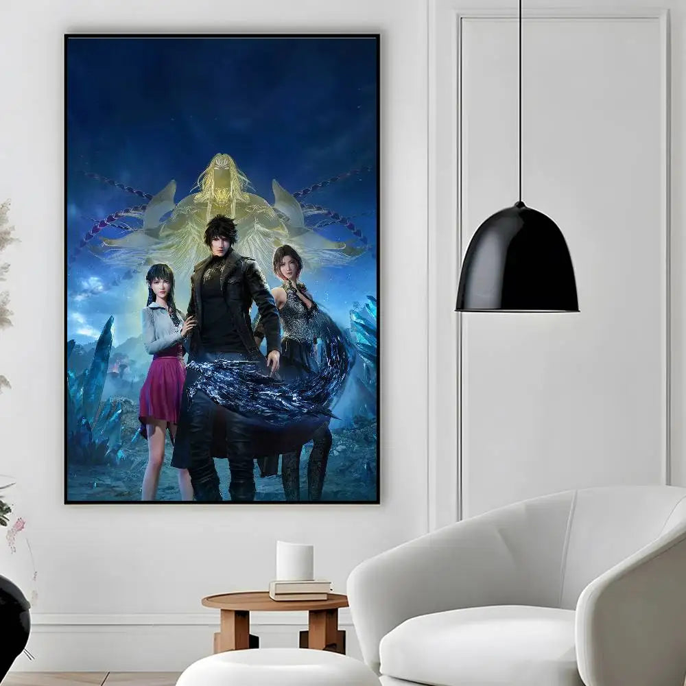 affiche moderne personnages ailes bleu noir blanc doré fantaisie opaques