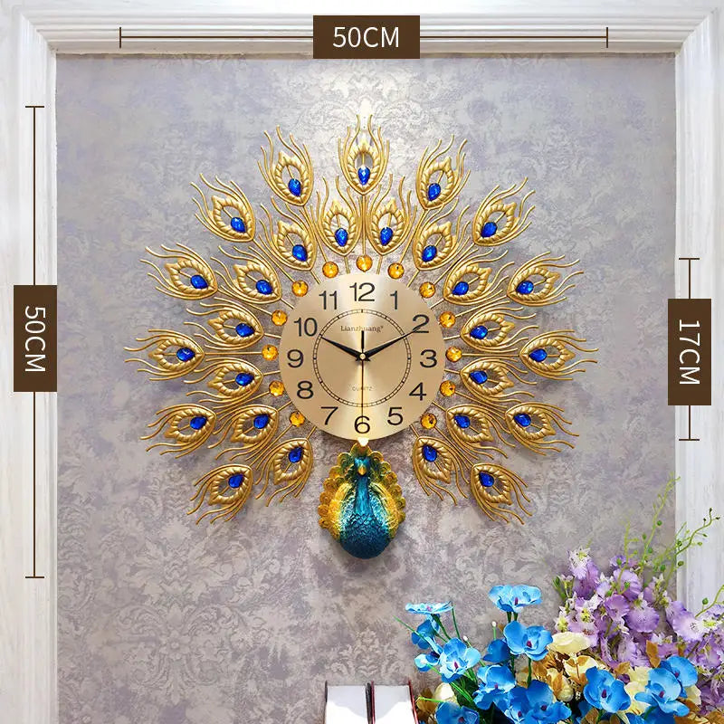 horloge murale artisanale plumes paon bleu doré décoration salon moderne