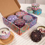 bougies parfumées boho chic bleu violet rouge blanc motifs floraux mandalas géométriques
