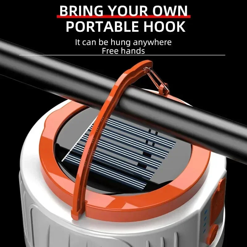lampe camping solaire blanc orange panneau solaire moderne pratique crochets câble usb rechargeableextérieur barbecues