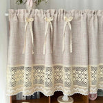 rideau beige clair texture lin bordure dentelle classique rustique fleuri maison