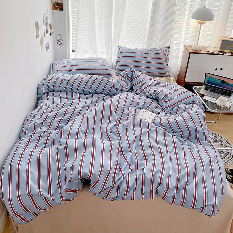 ensemble literie rayures bleu rouge moderne taies oreiller housses décontracté coton mat lit drap