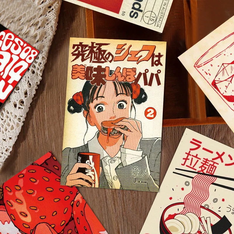 cartes postales pop art personnages japonais textes illustrations nourriture clips bois rouge blanc noir
