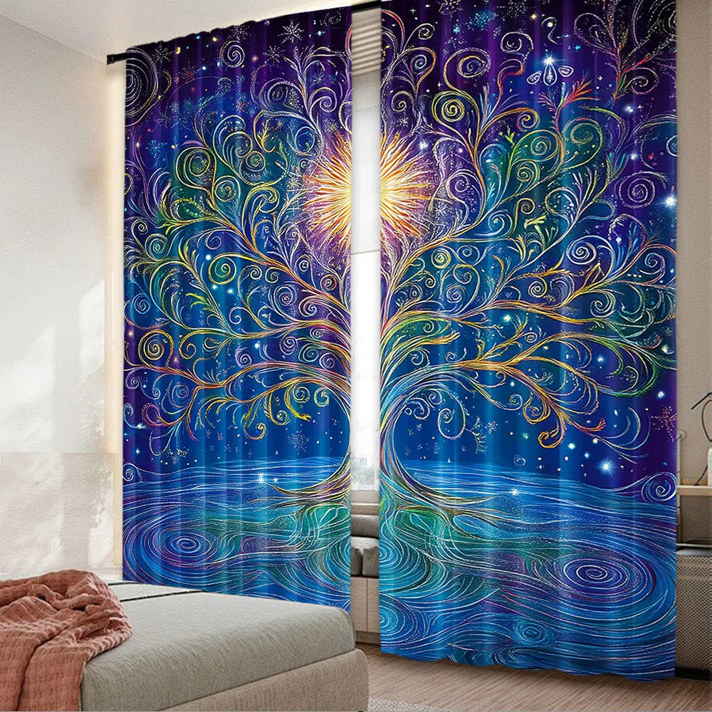 rideau moderne arbre stylisé branches ondulées fond galactique étoiles polyester bleu violet jaune vert