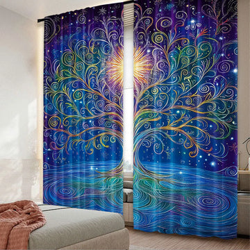rideau moderne arbre stylisé branches ondulées fond galactique étoiles polyester bleu violet jaune vert