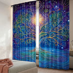 rideau moderne arbre stylisé branches ondulées fond galactique étoiles polyester bleu violet jaune vert