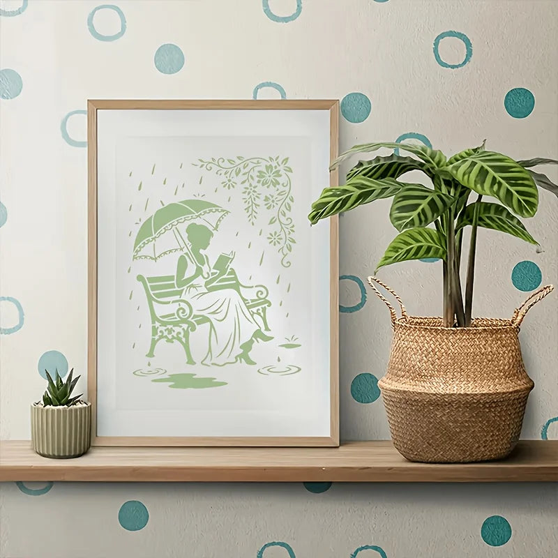 stencil diy illustration femme parapluie fleurs gouttes pluie coloriage peinture murale scrapbooking