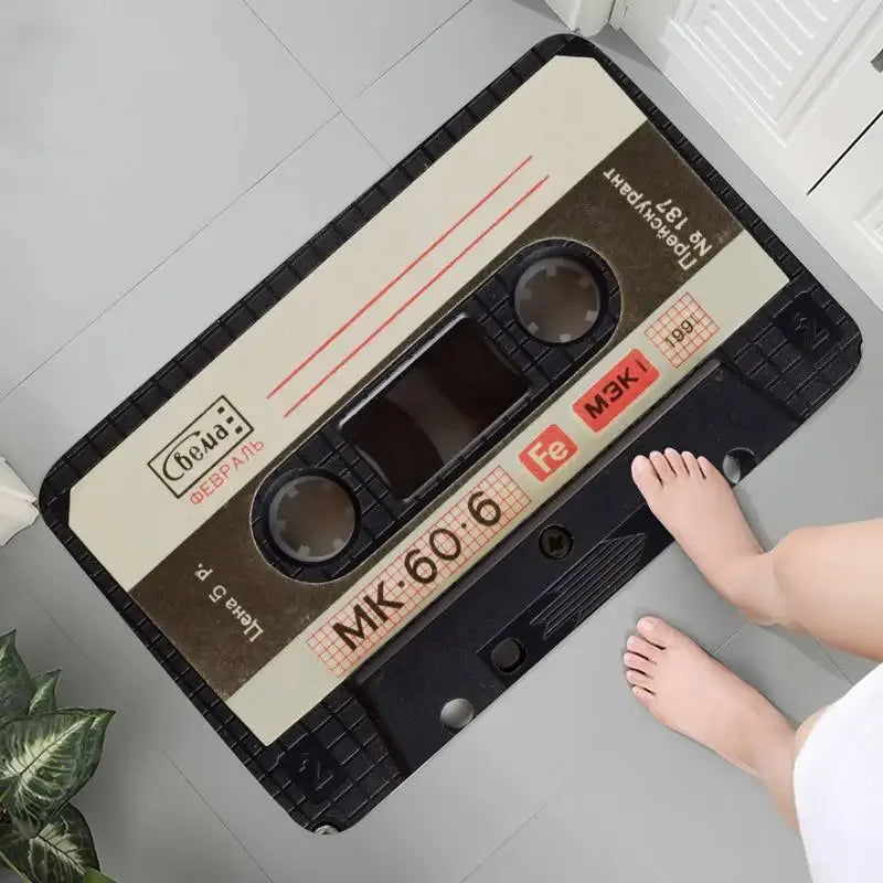 tapis sol antidérapant oriental cassette audio vintage blanc rouge orange