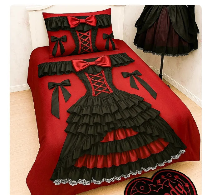 ensemble literie drap housse couette taies oreillers rouge noir gris clair motifs volants rubans