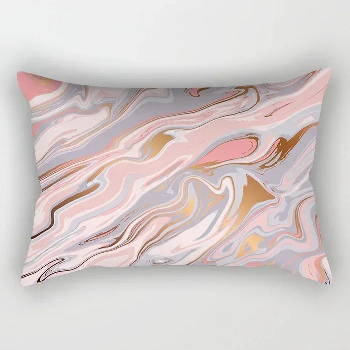 taie d'oreiller rectangulaire rose blanc doré motif géométrique moderne lit chambre décoration maison