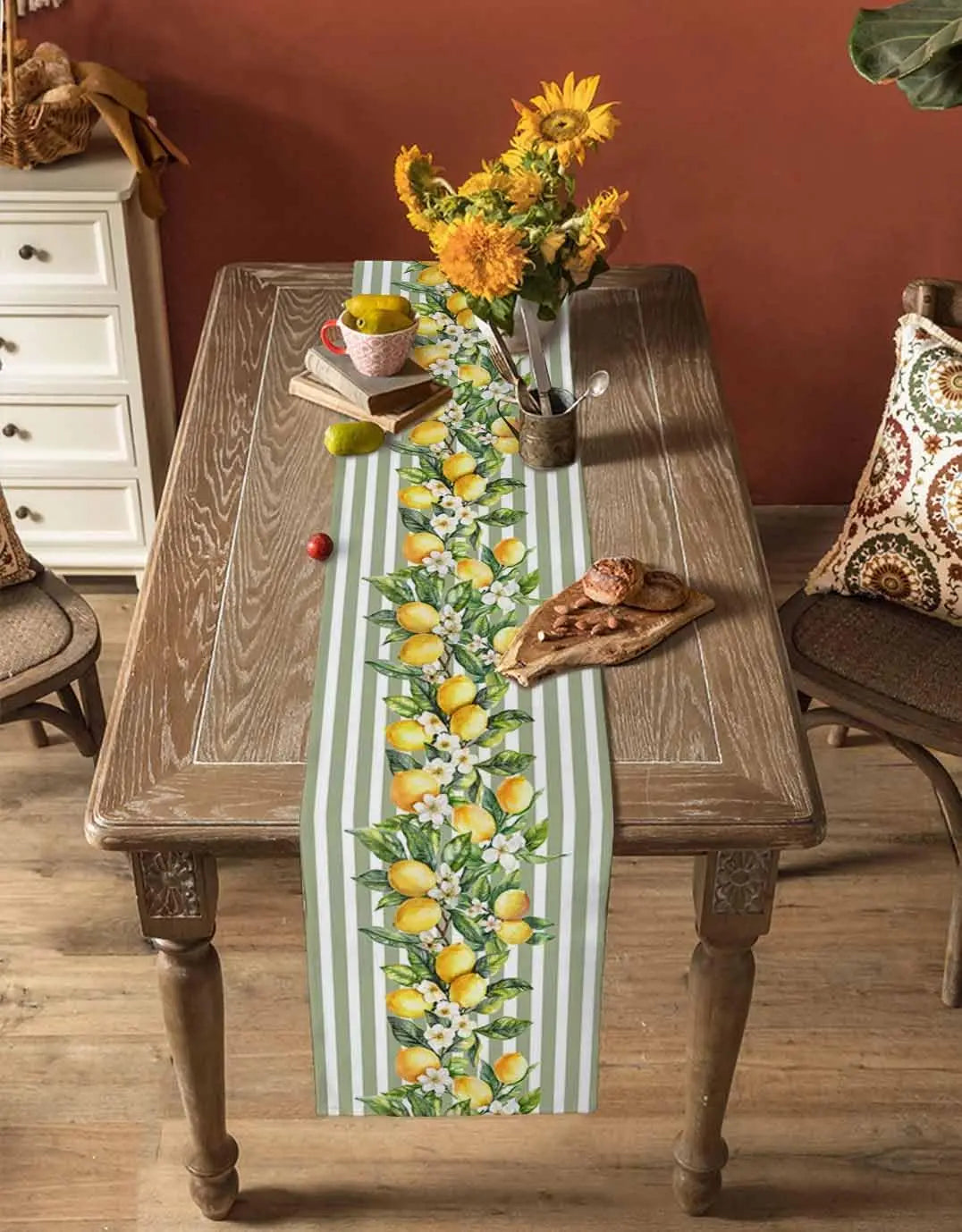 table table lin motif citrons fleurs rayures vertes esté