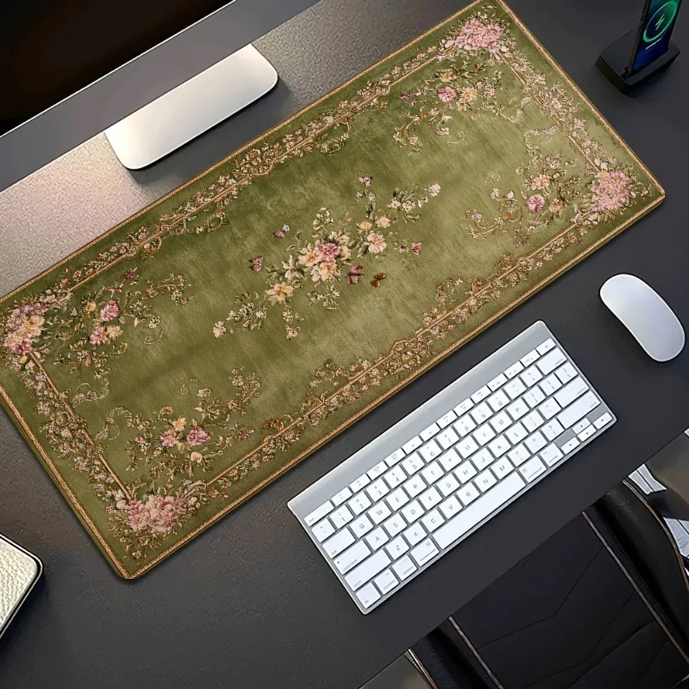 tapis vert olive fleurs roses blanches bordure dorée anti dérapant grande taille classique maison