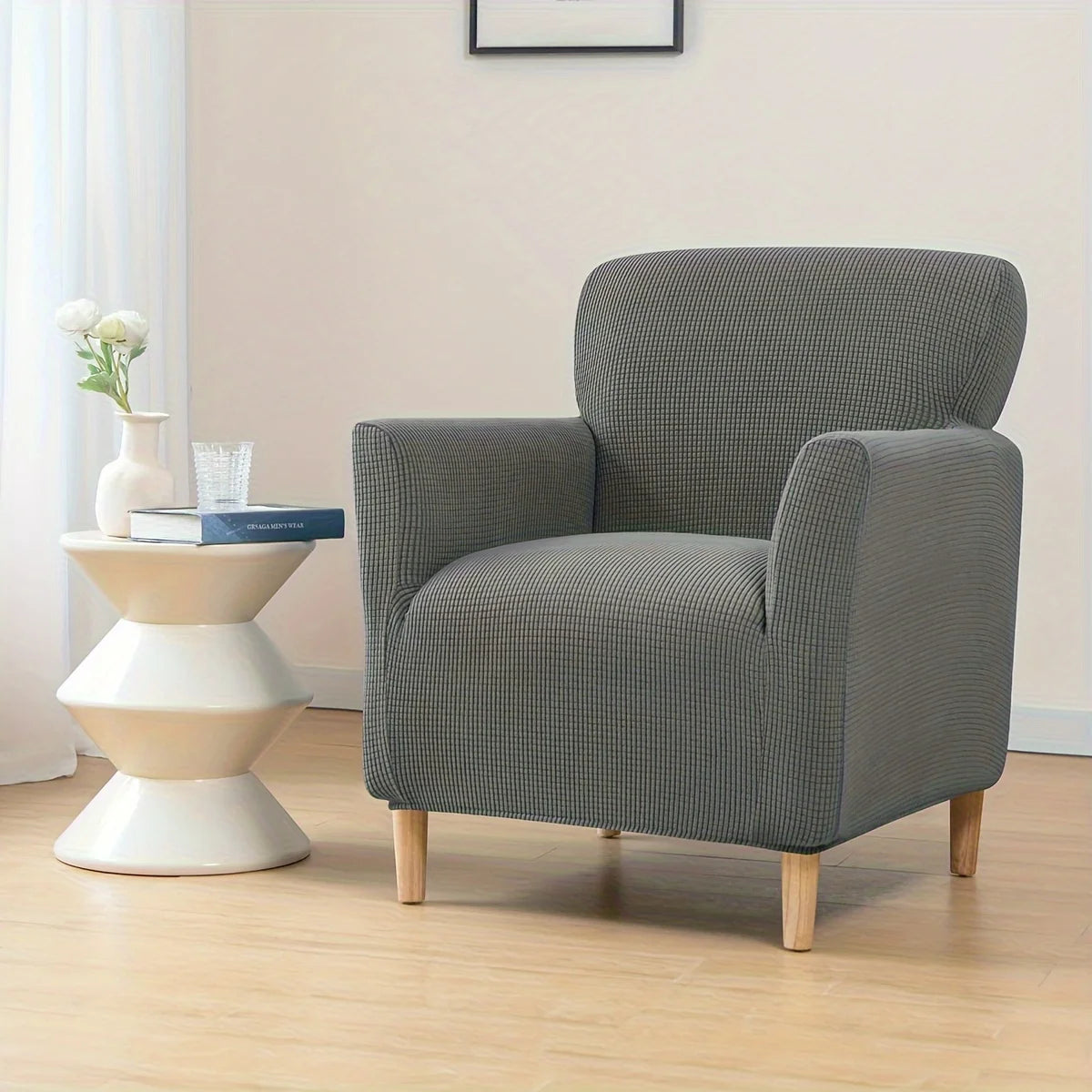 housse fauteuil jacquard carreaux moderne bleu beige gris extensible adhésif