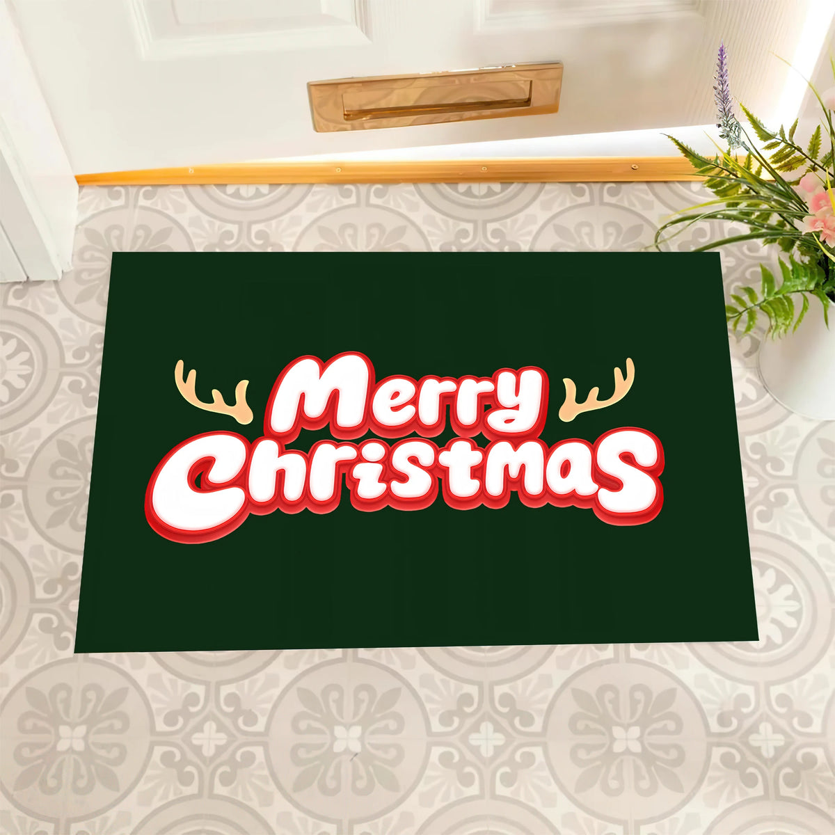 tapis sol antidérapant merry christmas vert lettres blanches rouges extérieur intérieur festive