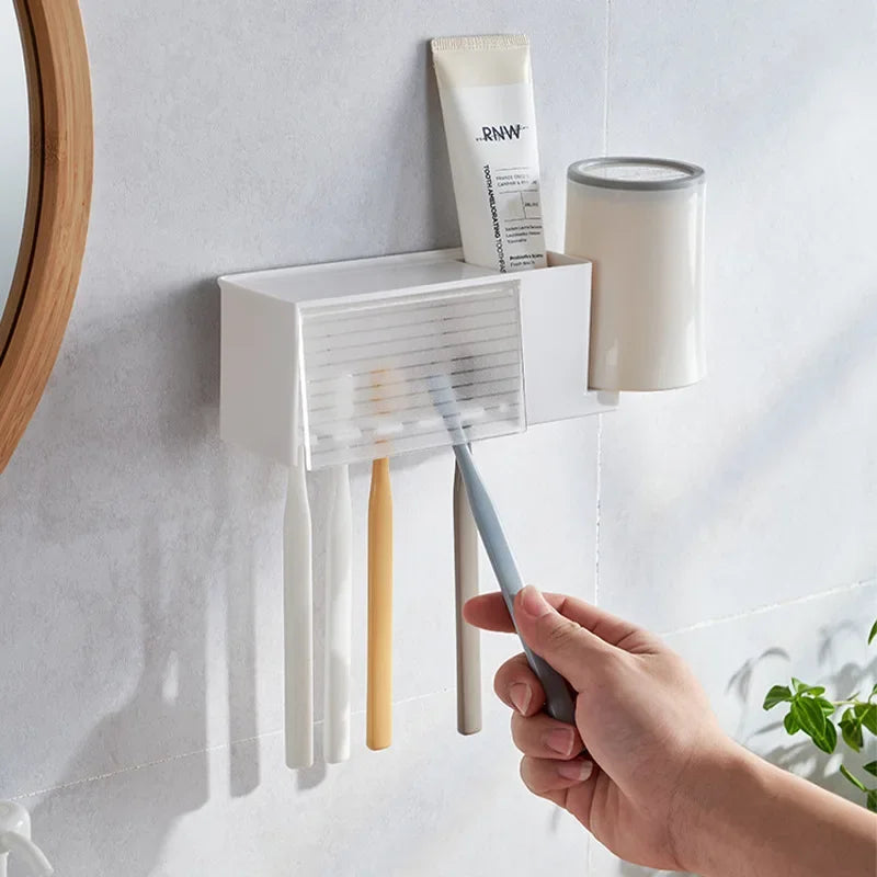 organisateur mural moderne blanc gris brosses dents compartiment dentifrice adhésif salle bain minimaliste