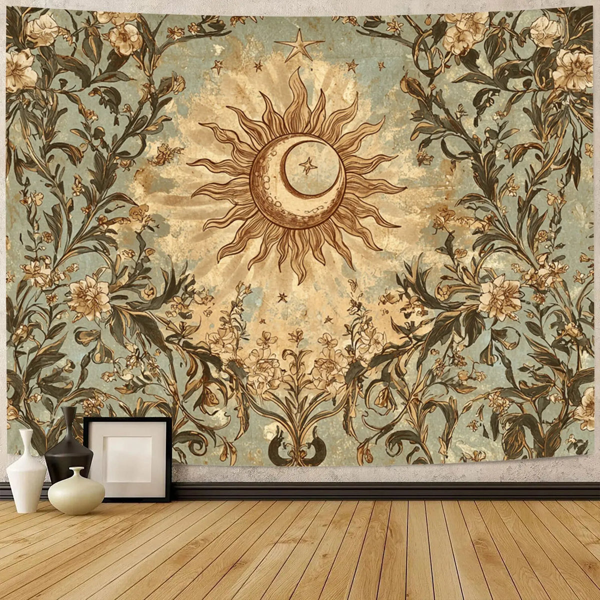 tapisserie murale vintage floral soleil lune romantique vert marron beige décoration salon chambre moderne