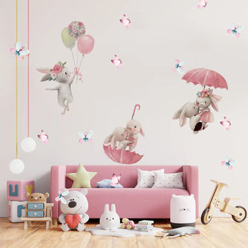 sticker mural lapin fleurs ballons parapluie papillons decoration enfant chambre pastel erotique douce rêveuse