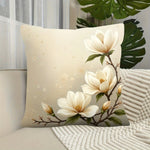 housse coussin carré motif floral fleurs blanches feuilles vertes bohème 100 polyester beige clair