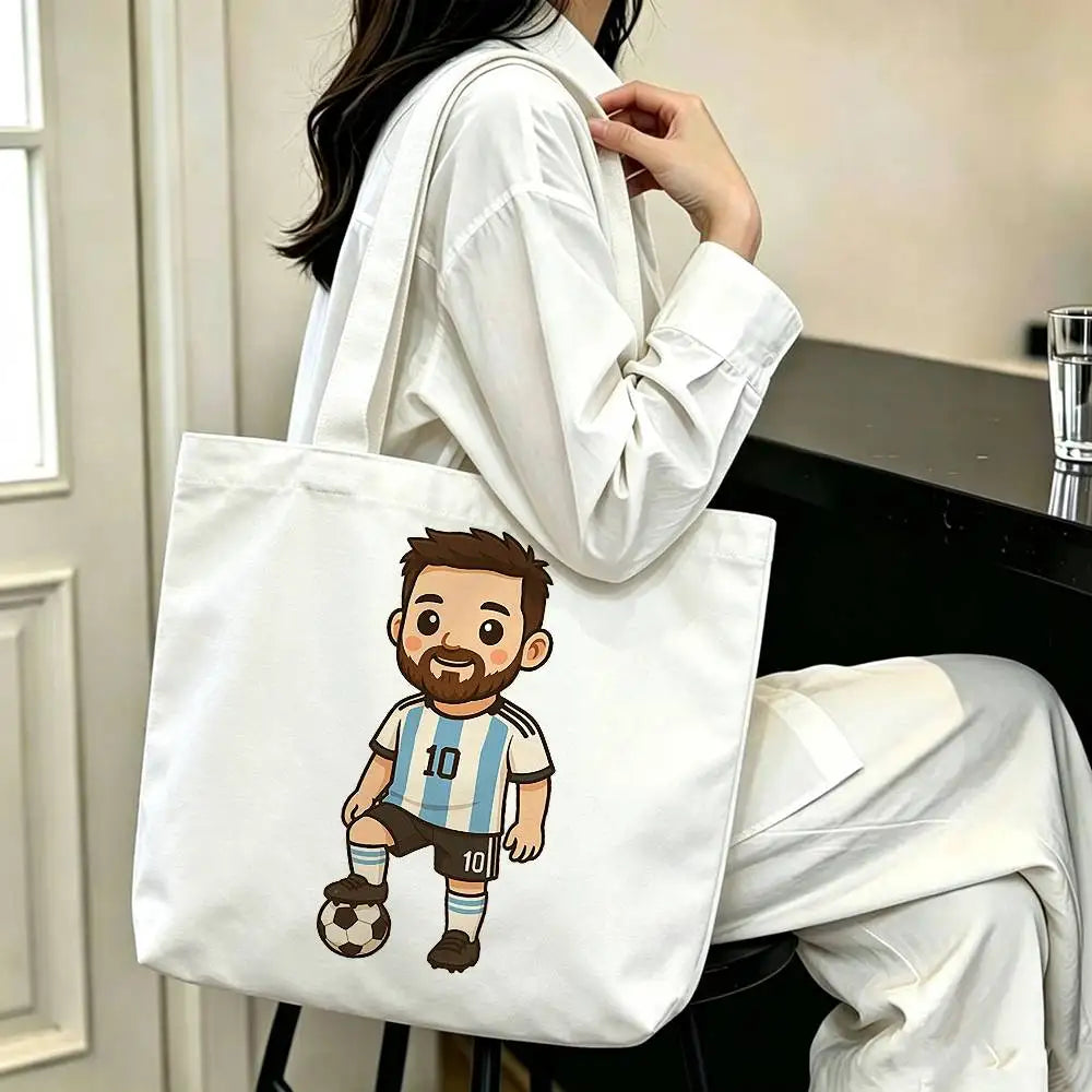 sac main blanc bleu clair rayures messi 10 polyestère réutilisable moderne graphique poignées détachables