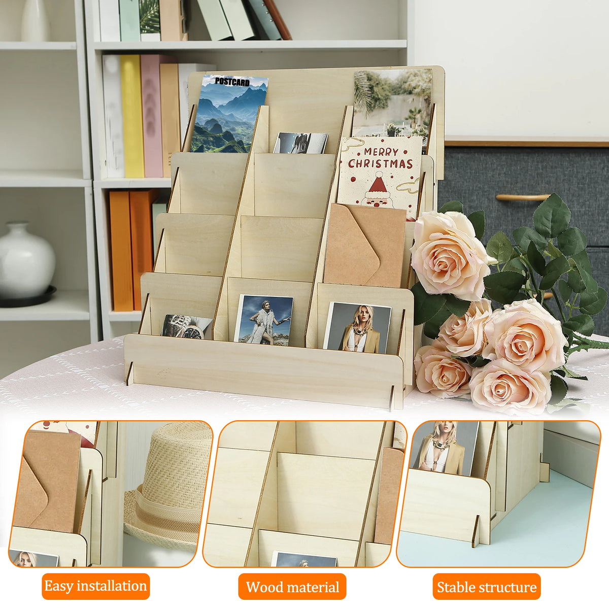présentoir bois cartes postales photos magazines rustique minimaliste assemblage facile efficient storage multipurpose