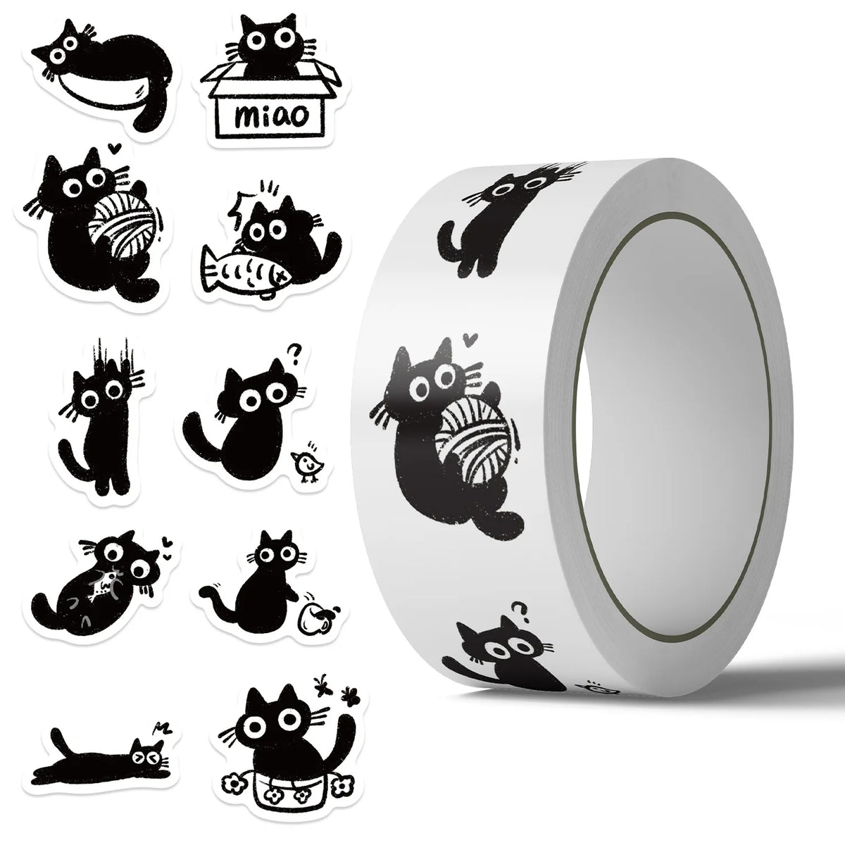 rubans adhésifs décoratifs chats mignons blancs noirs autocollants cartoonaux imperméables 500 pièces