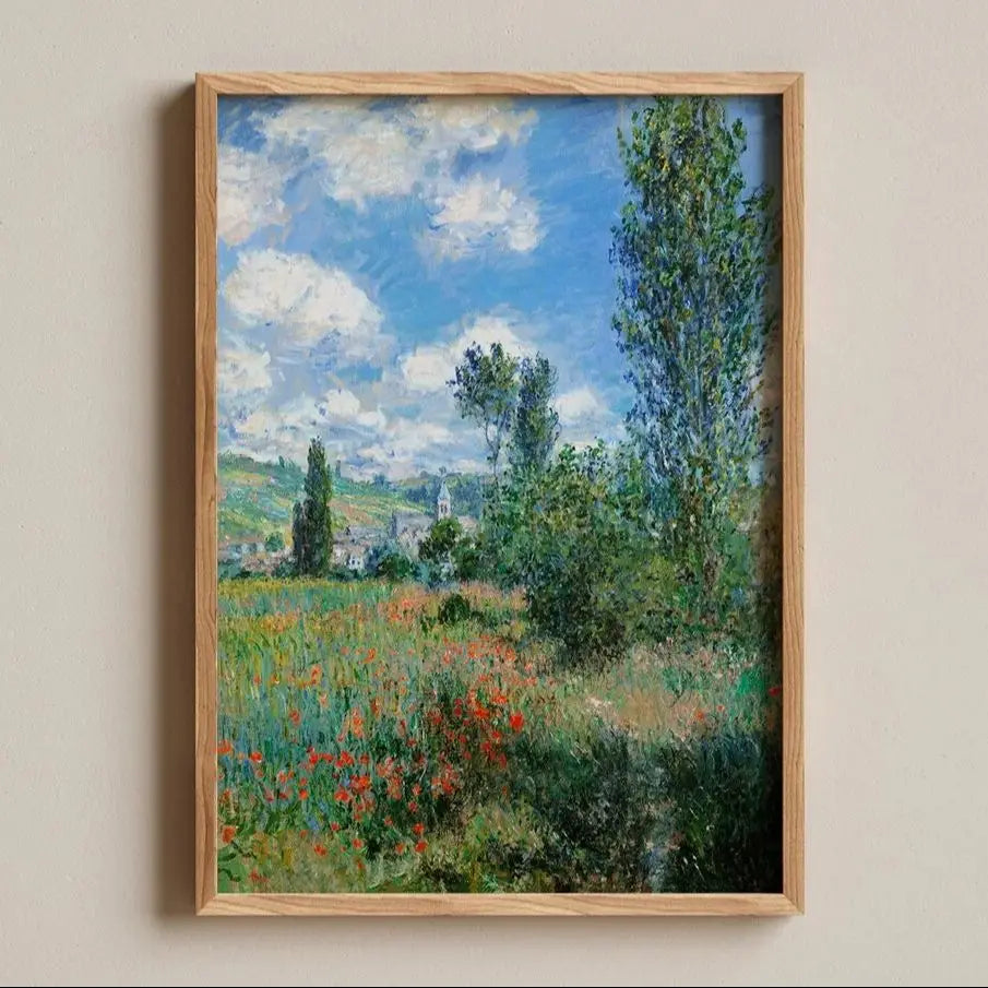 tableau impressionniste paysage champêtre arbres ciel nuageux fleurs coquelicot vert bleu blanc rouge brun