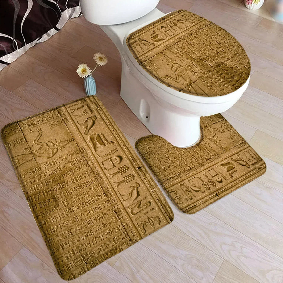 tapis toilette égyptiens motifs hiéroglyphes pharaons salle bain beige bleu rouge doré