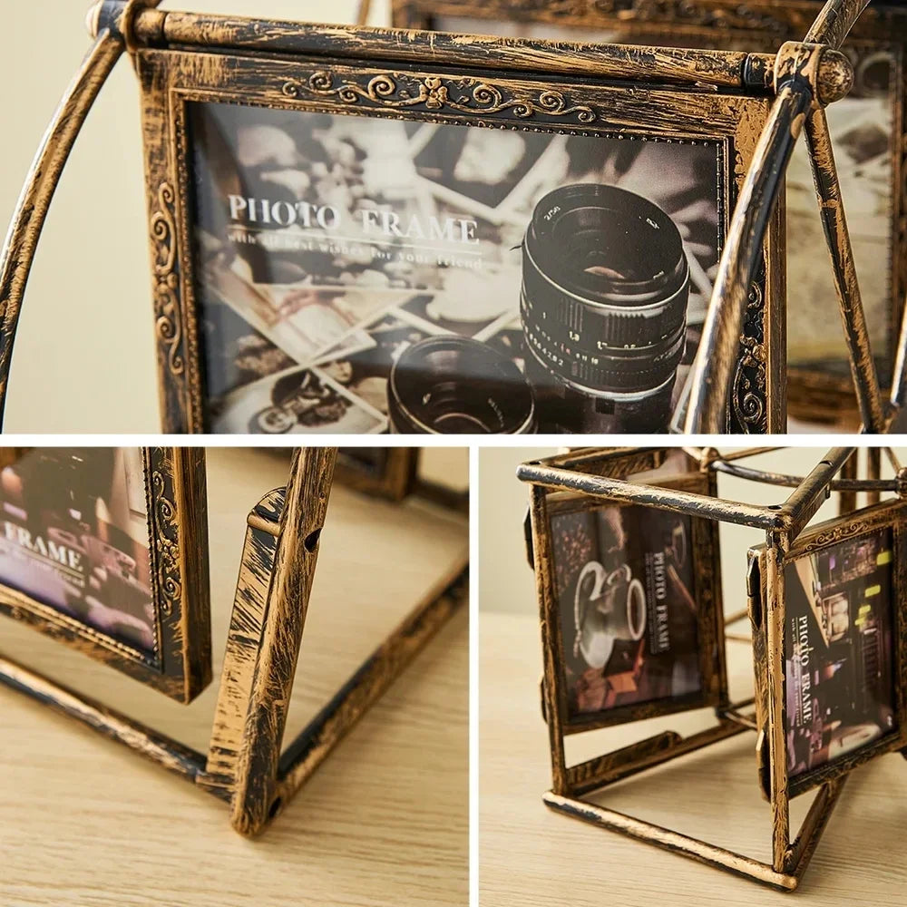 cadre photo vintage grande roue transparent bronze or argenté decoration florale photos inclusion industrielle