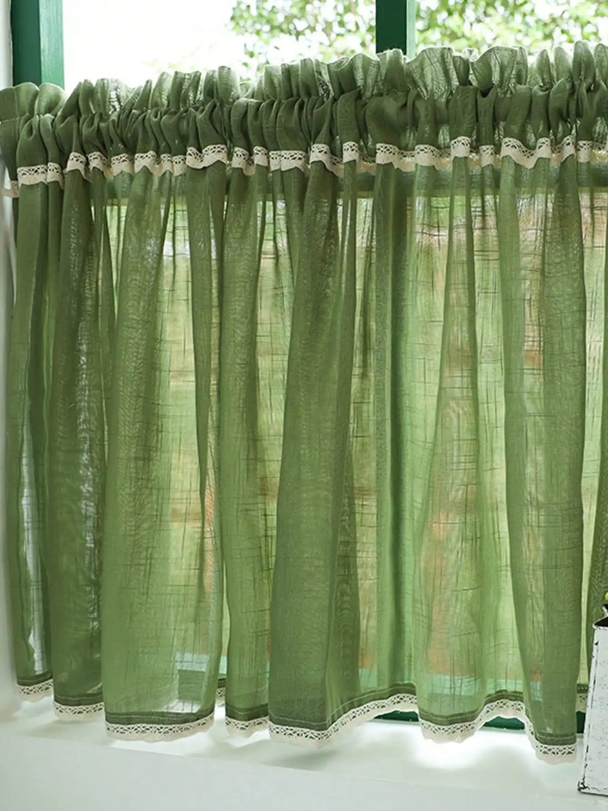 rideau vert olive semi transparent classique texture rugueuse polyester petite fenêtre filtration lumière