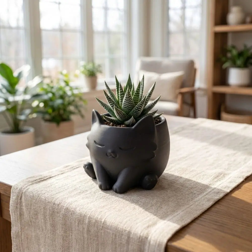 pots plantes forme chat blanc noir mignon moderne décoration succulentes fleurs artificiellements visible pilea