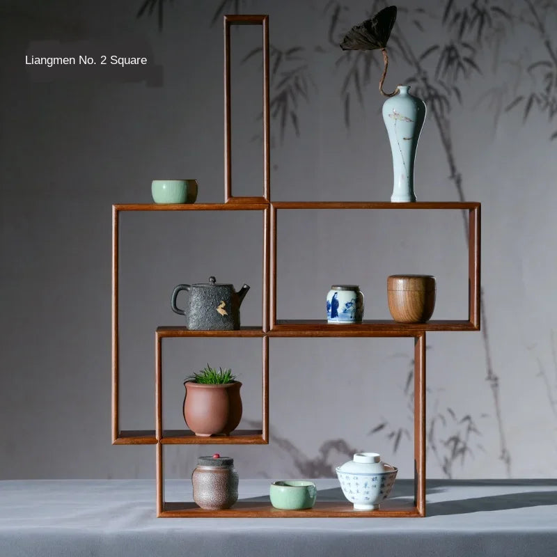étagères modulaires bois marron clair minimaliste vases pots décoratifs plantes statuettesintérieur