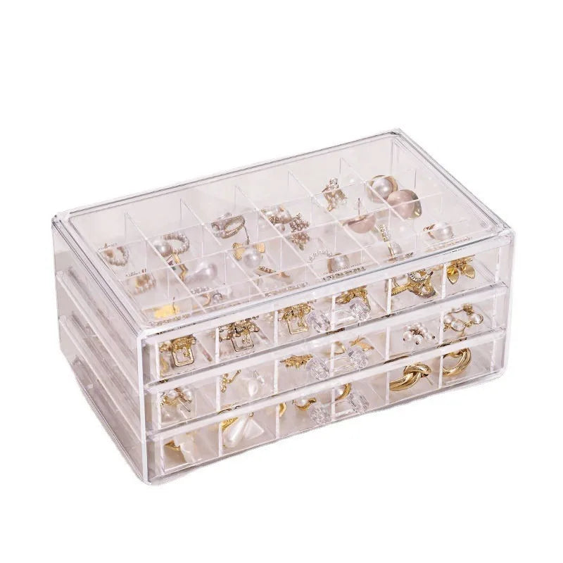 Boîte à bijoux transparente grande capacité avec tiroirs gris - Rangement pour bagues et colliers
