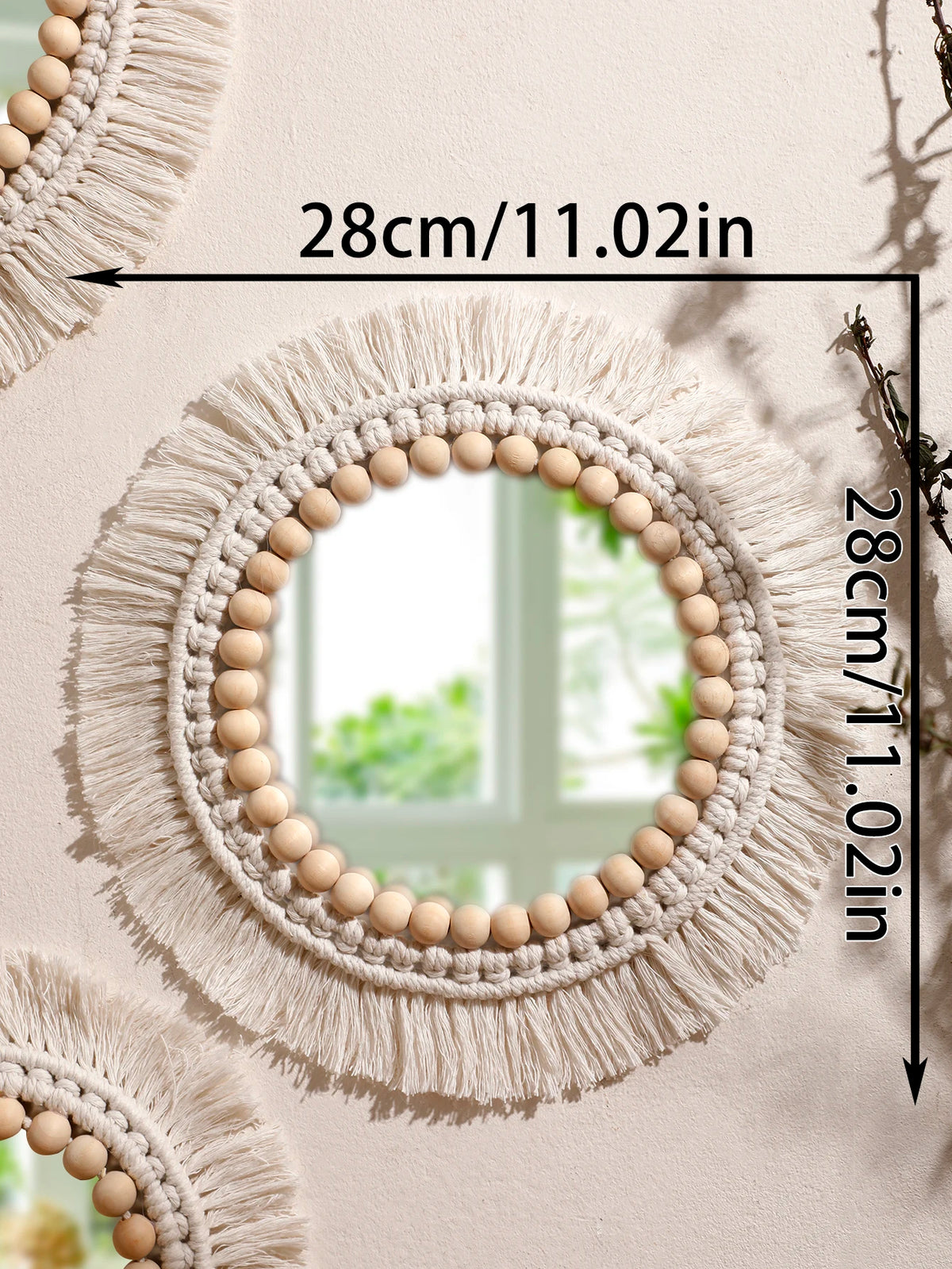miroir boho macramé franges chambre salon décoration murale artisanale blanc beige