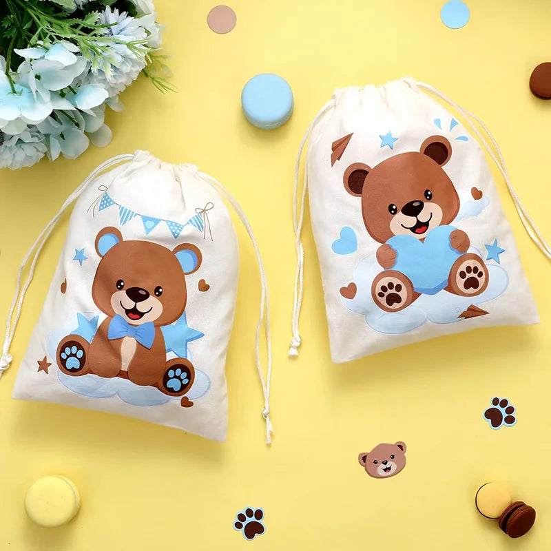 sacs tissu ours nuages bannières étoiles cordon serrage cupcakes macarons anniversaire enfants
