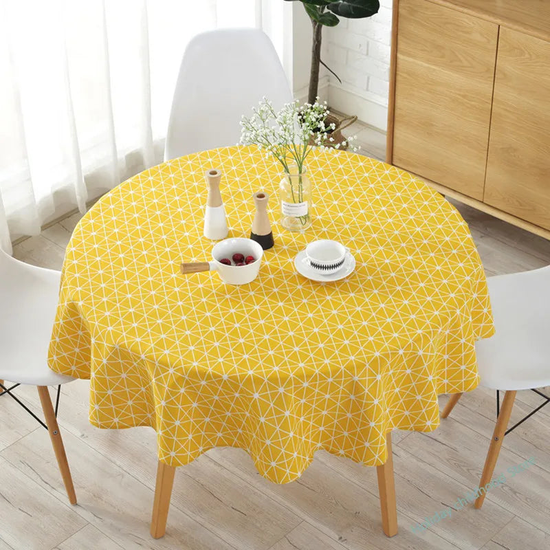 nappe ronde moderne triangles géométriques jaune bleu gris washable table manger mariage fête