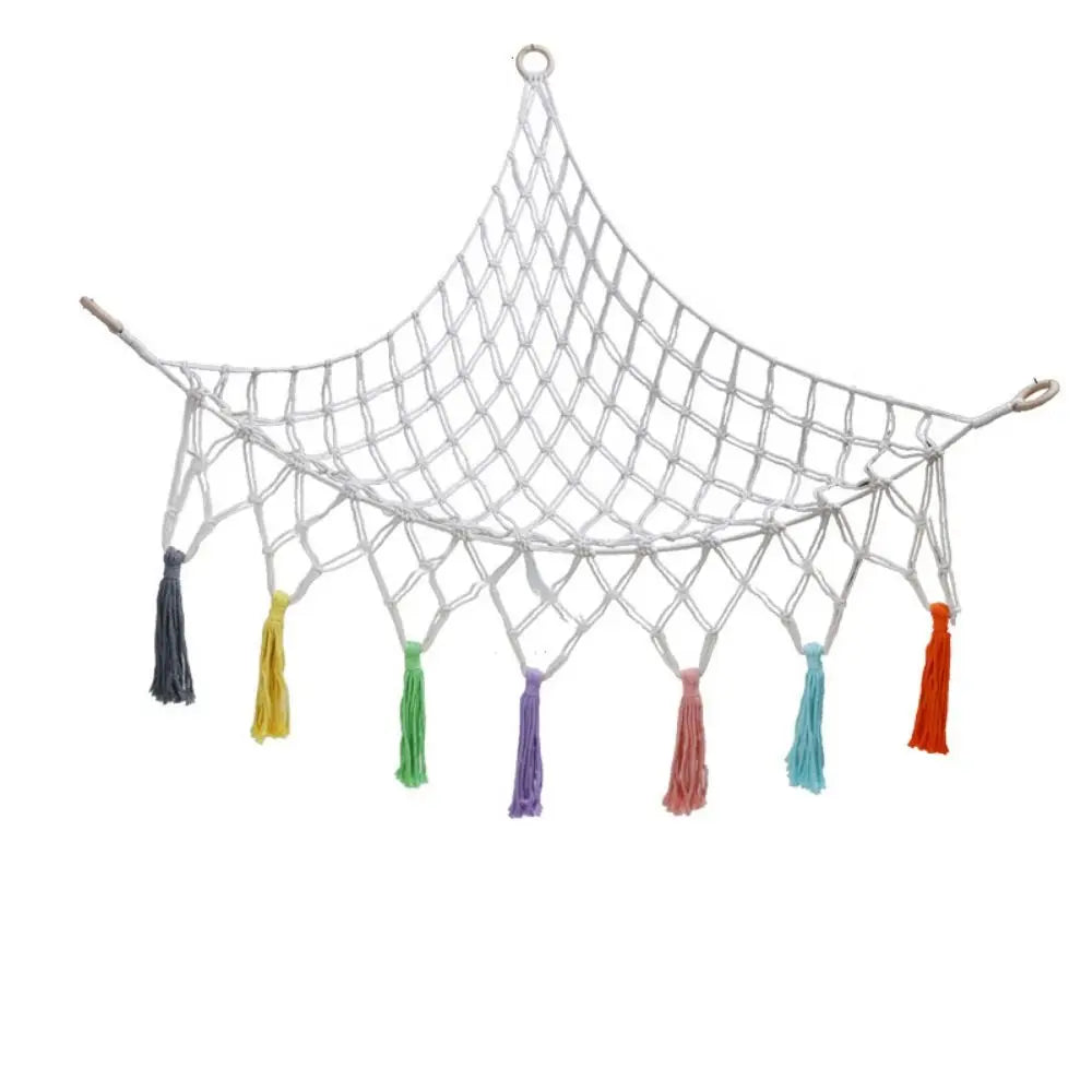 filet suspendu rose blanc maille régulière franges anneaux métalliques réutilisable créatif artisanal