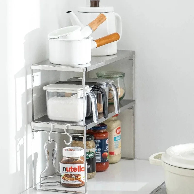 étagère cuisine rétractable métal argenté moderne pots épices rangement comptoir